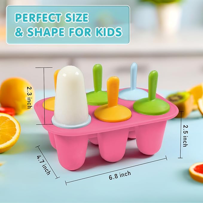 Miaowoof Silicone Popsicles Molds for Toddlers, 6-Cavity Non-BPA Premium Silicone Small Popsicle Molds, Ice Pop Mold with 6 Colorful Reusable Sticks for Kids (Pink)