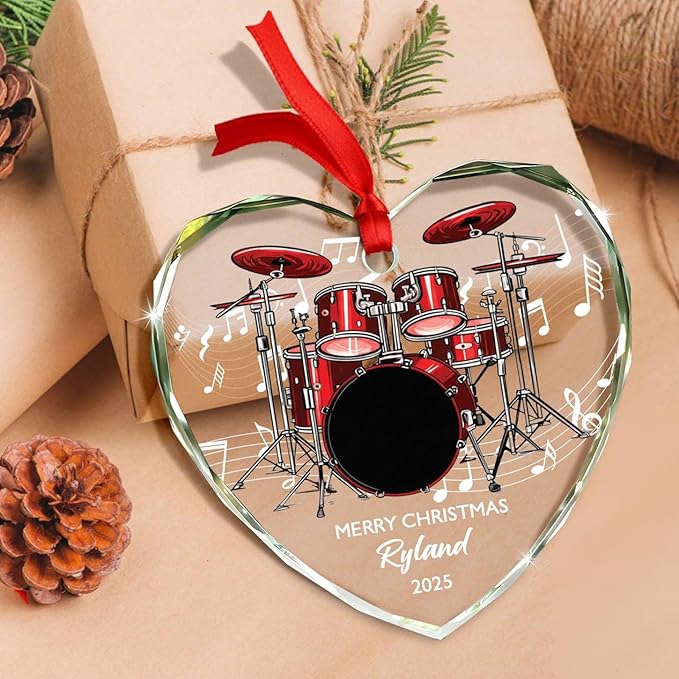 Personalized Drum Musical Instrument Glass Ornament, Customized Year Text Name Christmas Ornaments Gift for Drummer Husband Wife Dad Mom Kids, Unique Drum Set Glass Christmas Ornament for Birthday