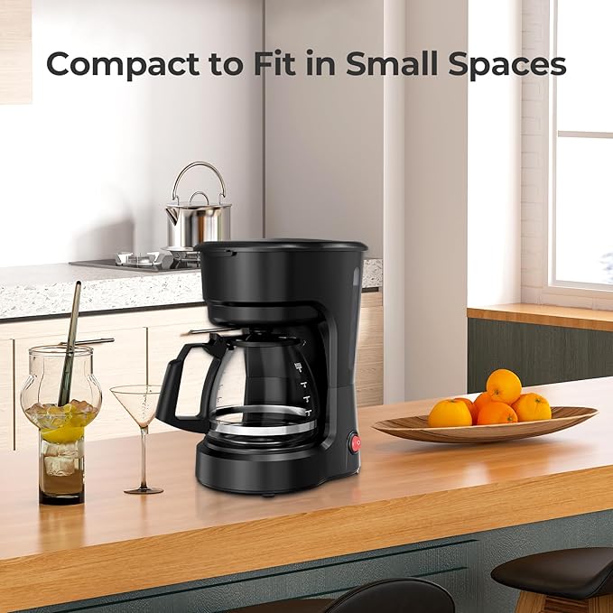 Small 5-Cup Coffee Maker, Drip Coffee Machine with Food-grade Glass Carafe, Always Keep Warm with Manual Switch, Delay Brew, 25oz Water Reservoir, Compact for Home/Office/RV/Travel/Outdoor - Black