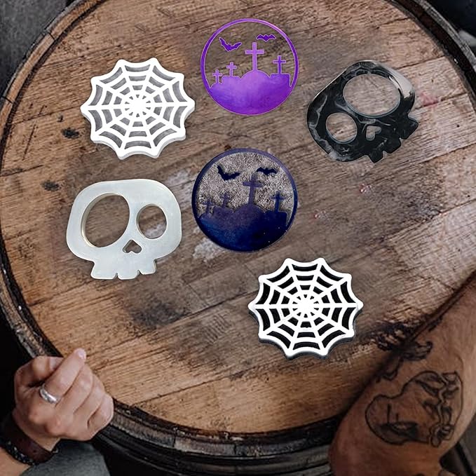 Halloween Coaster Resin Mold, 6Pcs Coaster Silicone Molds for Epoxy Resin, Skull Spider Web Cemetery Coaster Mold for Epoxy Casting, Jewelry Storage Candle Holder Mold for Craft Home Halloween Decor