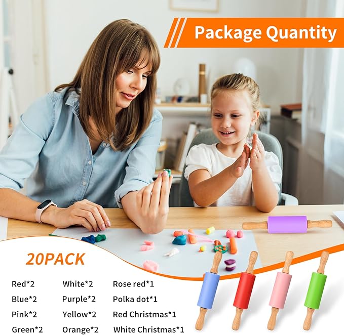 Mini Silicone Rolling Pin for Kids, Non-stick Surface Wood Handle, 9 Inch 20 Pack