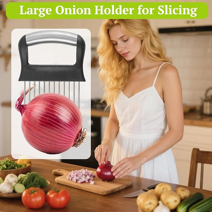 Suuker Onion Holder for Slicing, Large Onion Cutter Vegetable Chopper, Stainless Steel Tomato Slicer for Potato Lemon, Kitchen Food Slicer Guide for Neat Slicing, Meat Tenderizer Tool