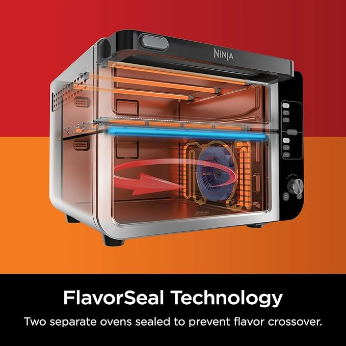 Ninja 10-in-1 Multi-Cooker Double Oven with FlexDoor, FlavorSeal & Smart Finish – Rapid Top Convection, Air Fry Bottom, Bake, Toast, Pizza & More – Stainless Steel, DCT400