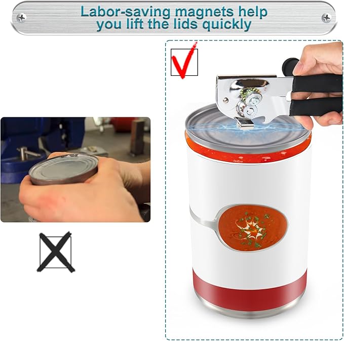 Commercial Can Opener with Magnet, Manual Heavy Duty Folding Hand Crank Can Opener Smooth Edge with Comfortable Long Handles, Fit All Size Cans, Large Cans