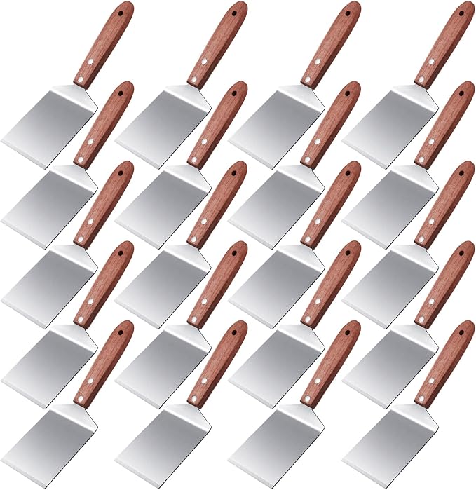 BBTO 20 Pcs Small Spatula Pizza Spatula Bulk Brownie Cookie Pie Server Pie Cake Stainless Baking Triangular Cutter Spade Wood Handle Shovel for Desserts Pizza Cake Biscuit(Brown)