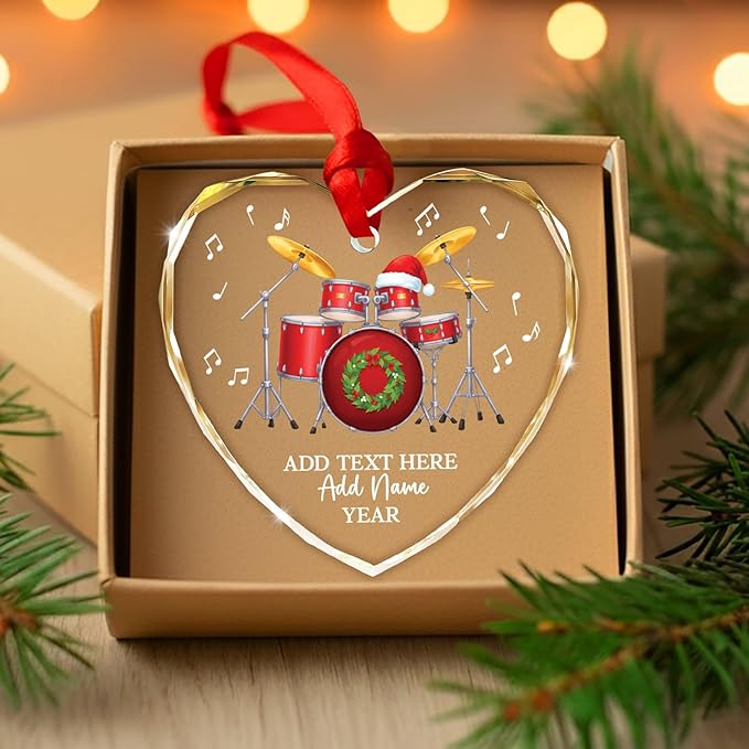 Personalized Drum Set Christmas Glass Ornaments 2025, Drum Xmas Ornament with Custom Text Name & Year, Drummer Christmas Tree Ornament for Men Women, Decoration Gift for Drummer Band Music