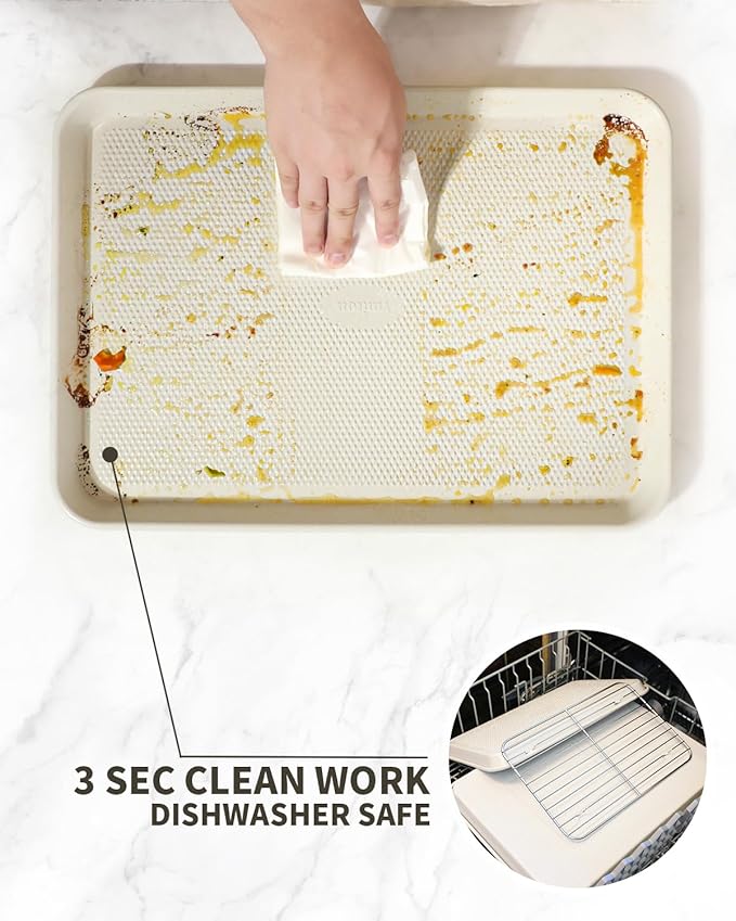 Nonstick 13”x 9” Baking Sheet with Wire Rack, 2-Pack Carbon Steel Quarter Cookie Sheets for Oven, Oven Safe 450°F, Non Warping, Dishwasher Safe, Gift for Baking and Sheet Pans Dinners