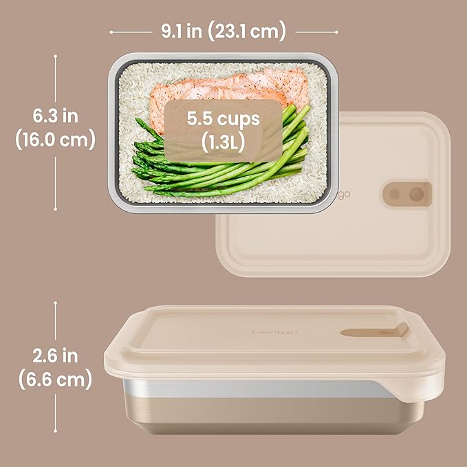 Bentgo MicroSteel Heat & Eat Container – Microwave-Safe, Leak-Proof, Easy-to-Clean, Lightweight Stainless Steel Reusable Food Storage with Airtight Silicone Lid (Dinner Size; 5.5-Cup Capacity; Gold)