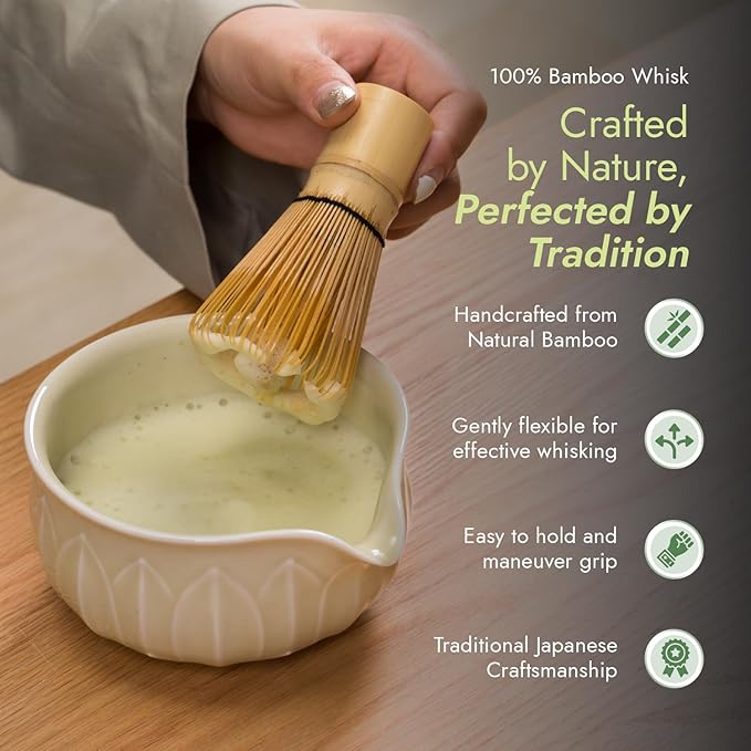 Matcha Whisk Set - 7pcs Japanese Tea Ceremony Kit with Spouted Bowl & Bamboo Whisk, Matcha Starter Kit for Beginners - Authentic Green Tea Accessories, Gift Set for Lovers-Pale Yellow