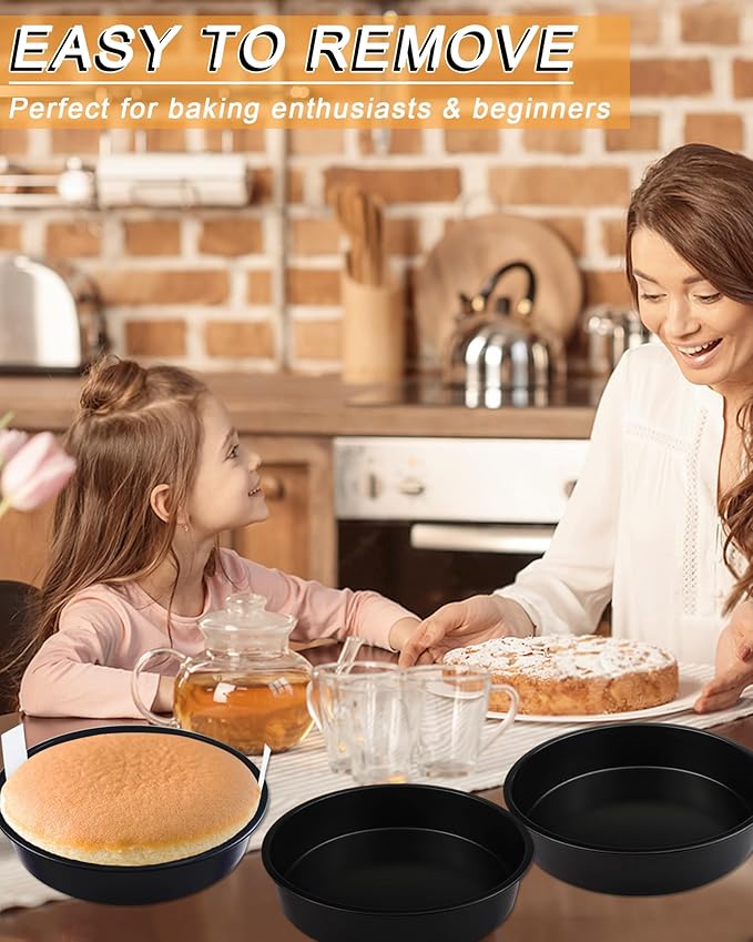 8 Inch Round Cake Pan Set of 3, Non-stick Carbon Steel Baking Pans with 100 Pcs Pre-Cut Parchment Paper, Durable Layer Cake Pans for Birthday/Christmas, Dishwasher Safe