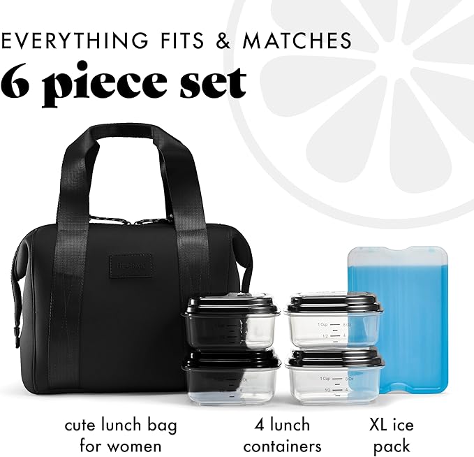 Fit & Fresh Remi Neoprene Lunch Bag For Women - Meal Prep Kit with Containers & XL Ice Pack, Self Insulating Neoprene-like Material, Machine Washable Lunch Bag, Tear-Resistant, Stain-Resistant, Black