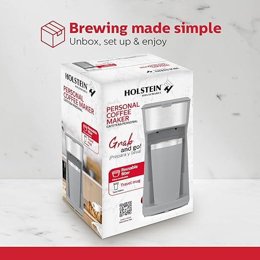 Holstein Housewares Personal Coffee Maker with 14oz Travel Mug – Compact One-Touch Brew Machine with Reusable Filter, Auto Shut-Off, Non-Stick Plate, Ideal for Home, Office, or Dorm. Grey