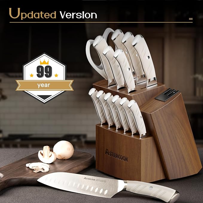Astercook Knife Set Kitchen with Block and Dual Sharpener Full Tang 15 Pcs German Stainless Steel Knives Dishwasher Safe Kitchen Utensils Set with Anti-slip Ergonomic Handle, Elegant White