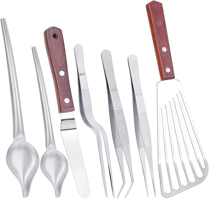 Cridoz 7 Pcs Stainless Steel Kitchen Cooking Plating Tweezers Tongs Drawing Spoons Offset Spatula and Fish Spatula for Food Culinary Plating Decorating