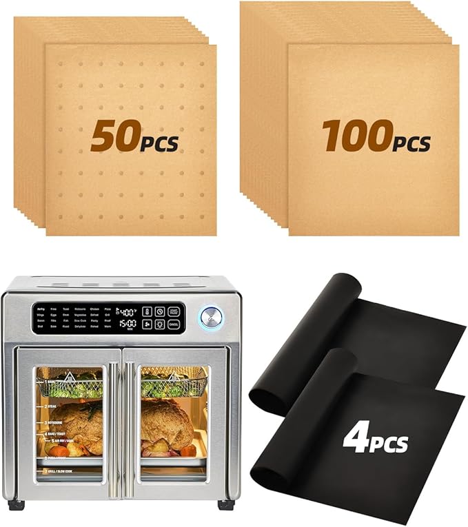 154PCs Paper Liners Compatible with Emeril Lagasse 26QT Extra Large Air Fryer Toaster Oven Accessories,100PCs Unbleached Parchment Paper,50PCs Disposable Liners with Holes, 4PCs Reusable Baking Mats