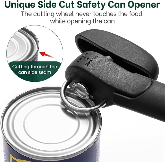 Beneno Can Opener, Safe Side Cut Can Opener Manual Smooth Edge with Smooth Cutting Wheel, Open Cans with no Sharp Edges, Effortless Easy to Turn Knob, Soft Non-Slip Handle, Black
