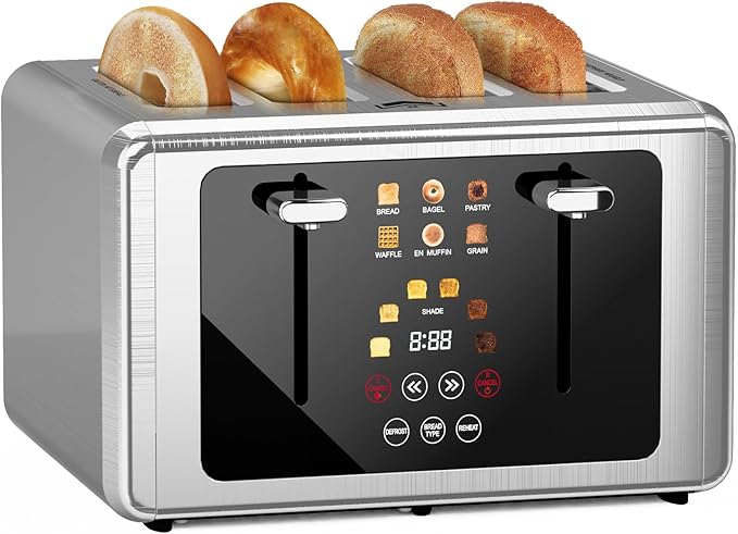 Touch screen Toaster 4 slice,Stainless Steel Digital Timer Toasters with Sound/Screen-Off Function,6 Bread Types & Shade Settings,Smart 1.5 Wide Slots Toaster with Bagel,Defrost,Stainless Steel