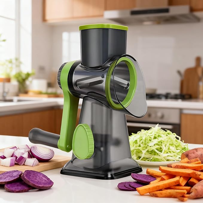 Multi-functional hand-cranked vegetable slicer, drum slicing and shredding vegetable slicer, cheese slicing and shredding kitchen small tools, 3 replaceable blades