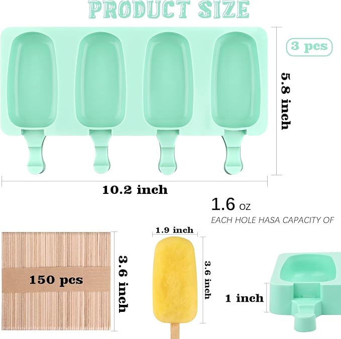 Sakolla Large Silicone Popsicle Molds Set of 3, Oval 4 Cavities Homemade Ice Pop Molds with 150 Wooden Sticks for Ice Cream, Cakesicles, Cake Pop (Green)