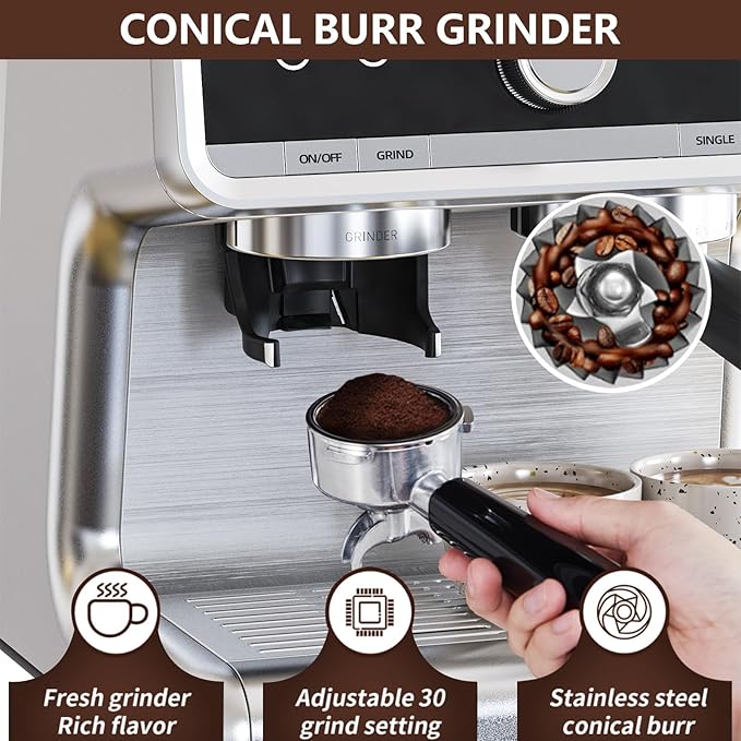 Garvee Super Automatic Espresso Machine with TFT Display, Auto Milk Frother & Grinder, 20 Bar, 6 Custom Drinks, Chrome-Silver with Gold Accents, Compact for Home Barista