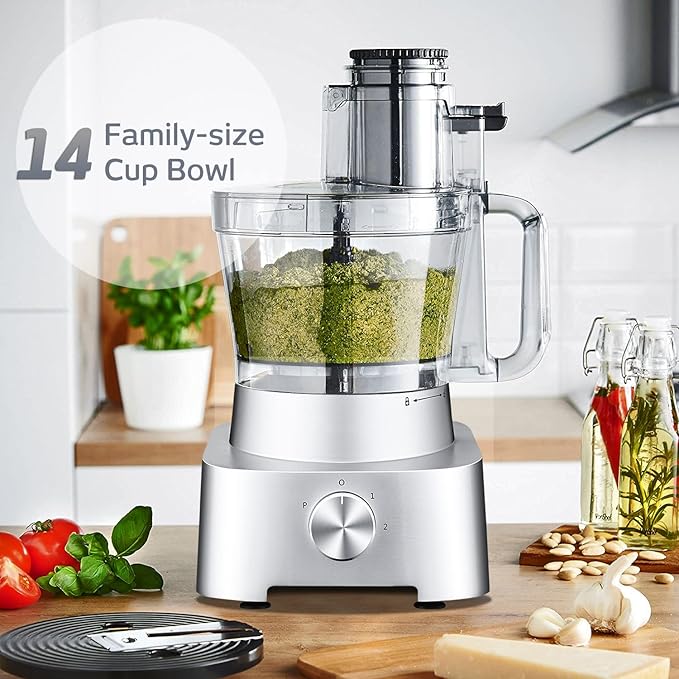 14-Cup Aluminum-Diecast Food-Processor - XL Bowl, Large Chute, 800W Motor & Silver Die-Cast Base, Slicing & Shredding, Chopping & Mixing, For Fries, Cheese, Meat & Veggie Prep, For Home Use
