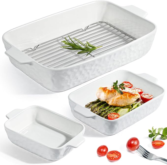 Ceramic Bakeware Set, Porcelain Rectangular Lasagna Pans Casserole Dish Set for Baking, Cooking, Kitchen, Cake Dinner, Banquet and Daily Use, Stackable Nesting, 3 PCS (cream white)