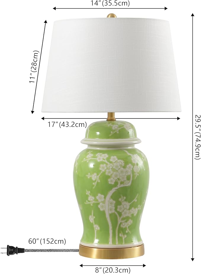 JONATHAN Y JYL3047B Gracie 29.5" Traditional Cottage Ceramic/Metal Ginger Jar LED Table Lamp, Green/White for Bedroom, Living Room, Office, College