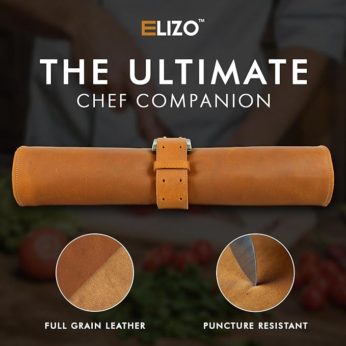 ELIZO Leather Knife Roll Bag Professional Chef Knife Case, Durable Knife Sheath Holder, Cooks & Culinary Tools Carrying Storage, Portable Knife Wrap - 4 Slots (Acron)