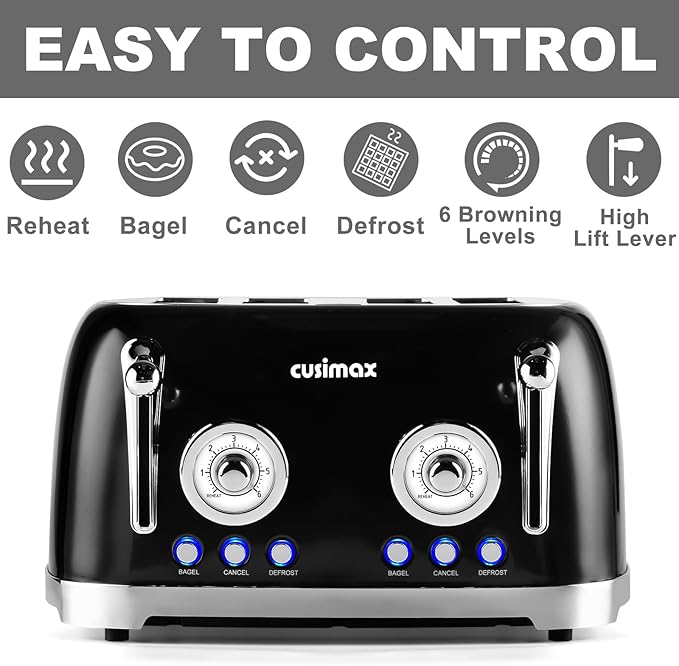 CUSIMAX Toaster 4 Slice, Retro Toaster with Wide Slots for Bagels, Stainless Steel toaster with 6 Toast Settings, Bagel, Cancel, Defrost & Reheat Functions, Dual Independent Control Panels, Black