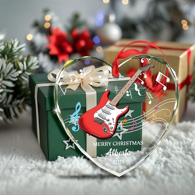 Customized Year Text Name Guitar Bass Lover Glass Ornament, Personalized Guitar Bass Christmas Ornaments Gift for Friends Coworker Besties Daughter Son, Novelty Instrument Glass Christmas Ornament