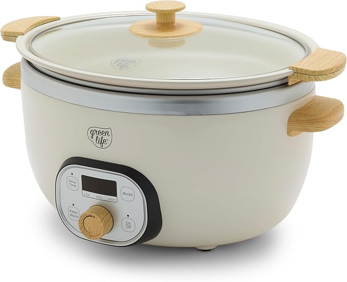 GreenLife 8QT Slow Cooker, Non-Toxic PFAS-Free Ceramic Nonstick Removable Interior Bowl, Programmable, Family Friendly, Keep Warm, Stovetop & Oven Safe, Dishwasher Safe Parts, Timer, Glass Lid, Cream