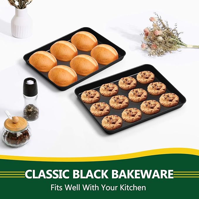 P&P CHEF 12.4 Inch Baking Cookie Sheet Pan, Carbon Steel Oven Tray, Non Stick Bakeware for Cooking Baking Bread Meat Vegetables, Sturdy & Healthy, Easy Clean, 2Pcs