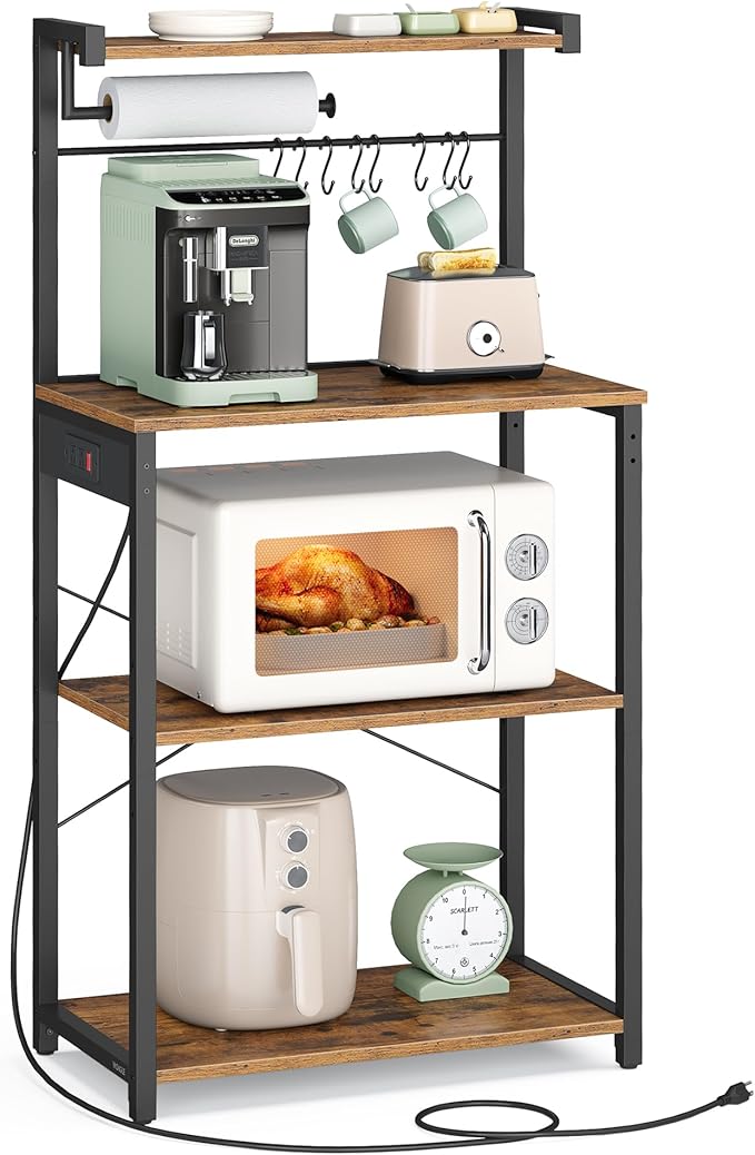 VASAGLE Kitchen Bakers Rack with Power Outlet, Coffee Bar 4-Tier with 8 S Hooks, Microwave Stand, Adjustable Shelf, for Small Spaces, Rustic Brown and Ink Black UKKS014K01V1