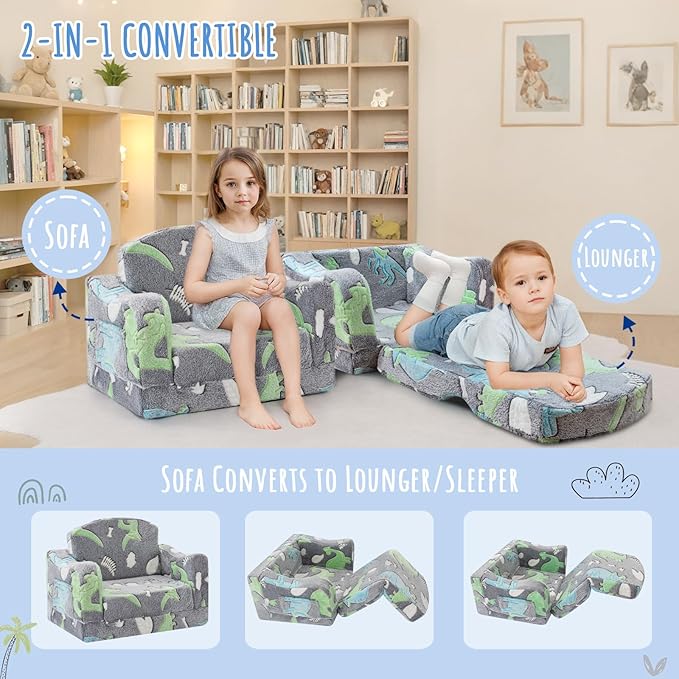 Thick Comfy Toddler Chair and Couch for Kids,2-in-1 Soft Plush Fold Out Sofa for Children,Convertible Couch to Lounger for Toddler