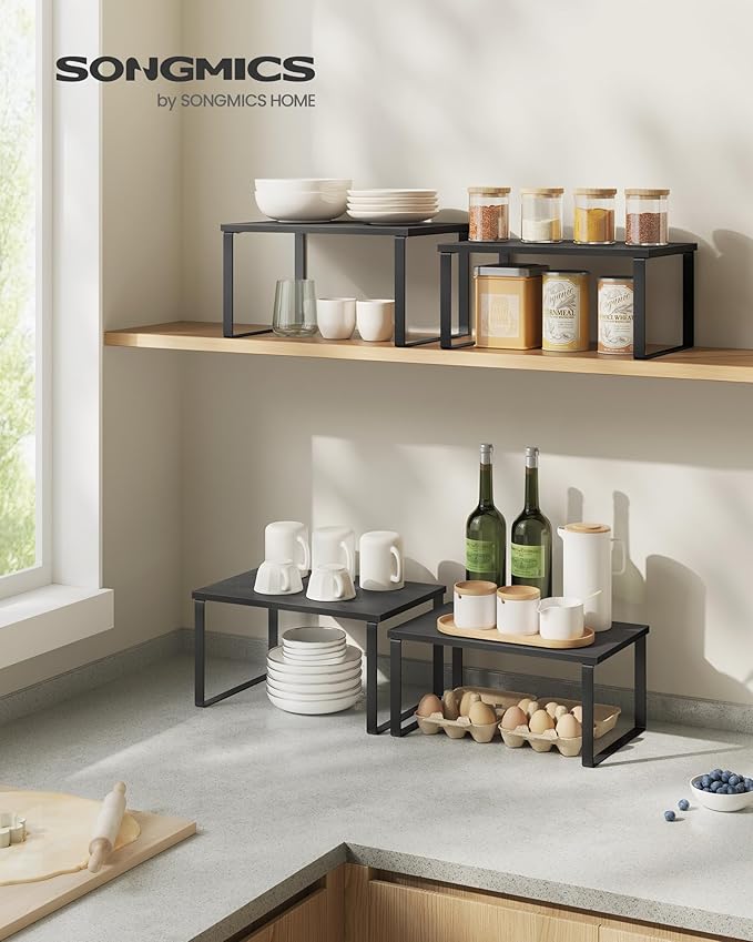 SONGMICS Cabinet Organizer Shelf, Set of 4 Kitchen Counter Shelves, Kitchen Storage, Spice Rack, Stackable, Expandable, Metal and Engineered Wood, Ink Black and Ebony Black UKCS027B01