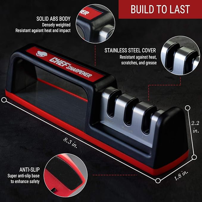 Kitchen Knife Sharpener - Complete 3-stage Knife Sharpener CS-T01 with Diamond Dust Rods, Sturdy Design, Non-slip Base Pat, Easy and Safe to Use, Fast and Effective Manual Sharpening Tool