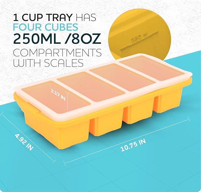 Silicone Freezer Tray With Lid - Soup Freezer Container molds - Large Ice Cube Tray- makes 8 perfect 1 cup portions cubes, 2-Pack Freezer Storage Food Soups & Meal Prep - Oven & Dishwasher -Safe