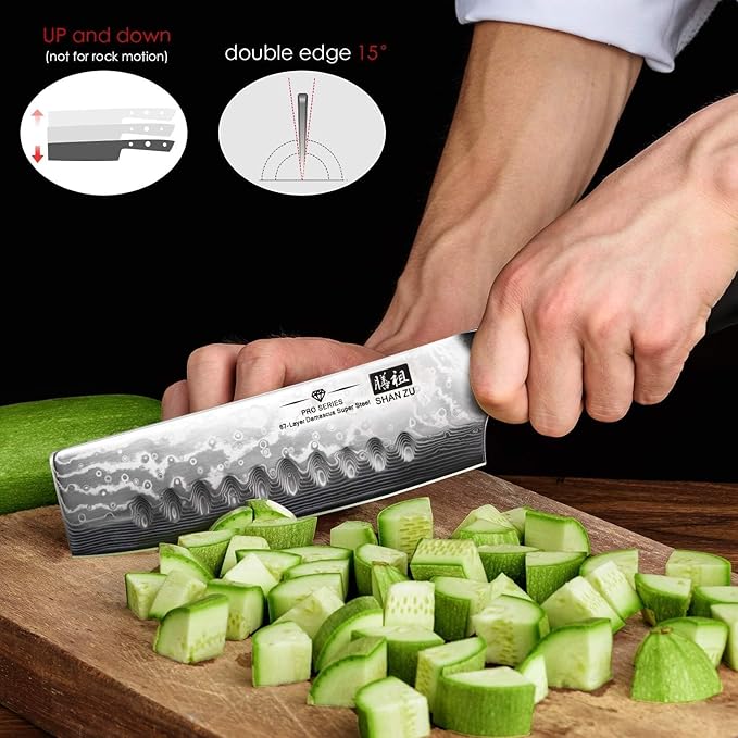 SHAN ZU Chef Knife, Damascus Professional Extra Sharp Kitchen Knife, Japanese High Carbon Super Steel Nakiri Knife with Ergonomic G10 Glass Fiber Handle