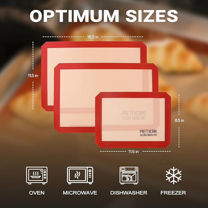 Silicone Baking Mat Set by PrettyCare (2 Half Sheet and 1 Quarter Sheet) Non Stick Cookie Baking Supplies for Bake Pans & Toaster Oven - Macaron/Pastry/Bun/Bread