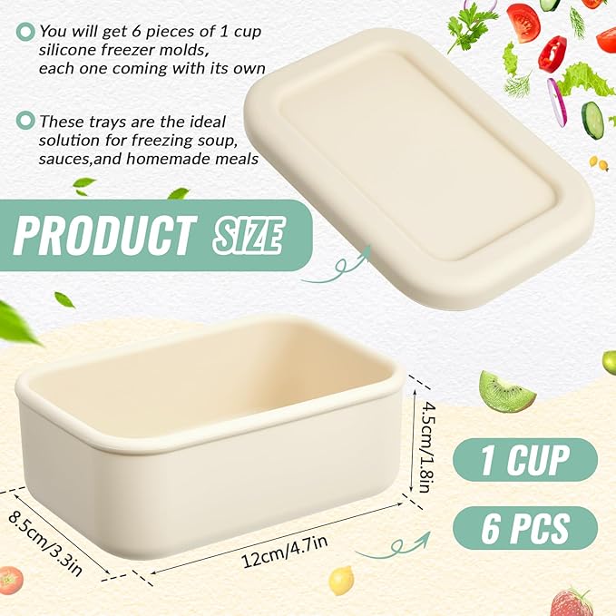 6 Packs 1 Cup Silicone Soup Freezer Molds with Lid Silicone Soup Freezer Trays Rectangle Reusable Food Preserving Tray Freezing Sauces Stews(Beige)