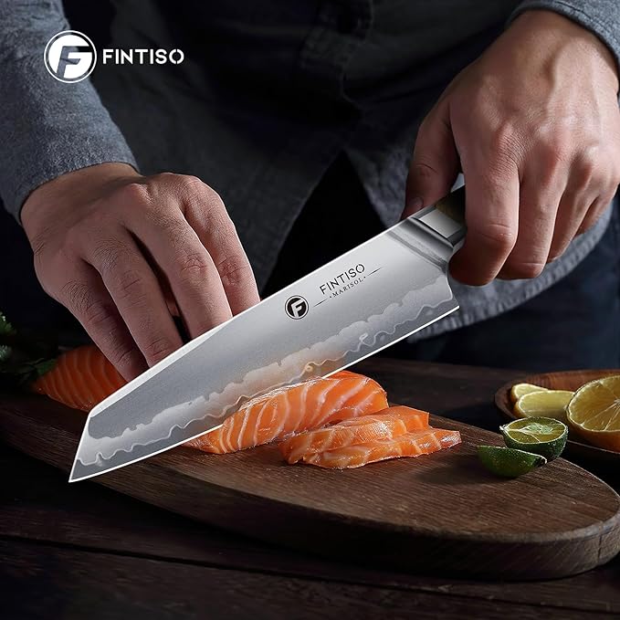 FINTISO Chef Knife 8 inch Kitchen Knife in S35VN Powder Steel Core Japanese Chef Knife, 7-Layers Clad Steel Cooking Knife Super Sharp Knife for Kitchen with Celestial Resin & Wood Handle Gift Box