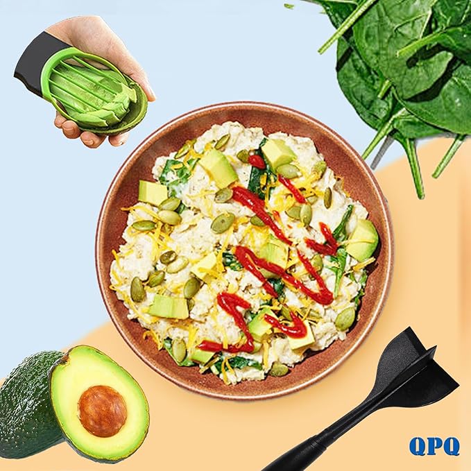 QPQ Good Grips Scoop And Avocado Masher Tool, Guacamole Masher- Slicing & Smashing, Ergonomic Non-Slip Handle, Perfect for Guacamole, Soft Fruits & Vegetables (Black)（Gift 3-in-1 Avocado Slicer）