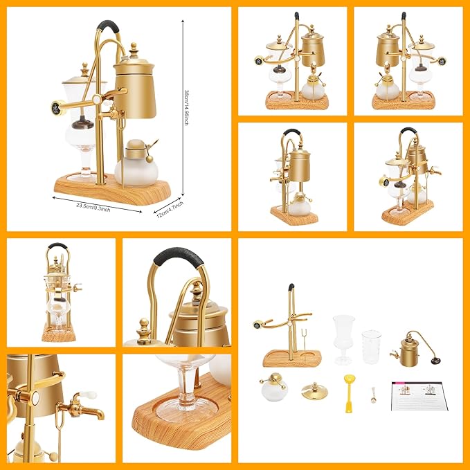 Siphon Coffee Maker, 400ml/13.53oz Manual Extract Coffee and Brew Tea Tool, Belgian/Belgium Retro Coffee Brewer with Alcohol Burner, Commercial/Domestic Balance Vacuum Coffee Pot, 9.3*4.7*14.96in Gold