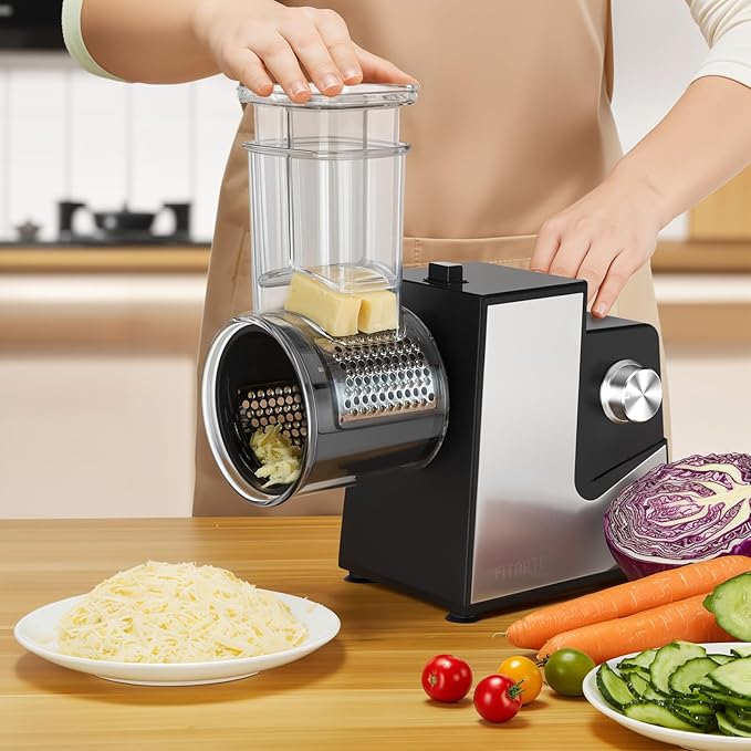 FITNATE Electric Cheese Grater, 250W Electric Slicer Shredder Salad Maker with 5 Replaceable Stainless Blades, Kitchen Chopper Vegetable Cutter for Cheese, Fruits, Vegetables