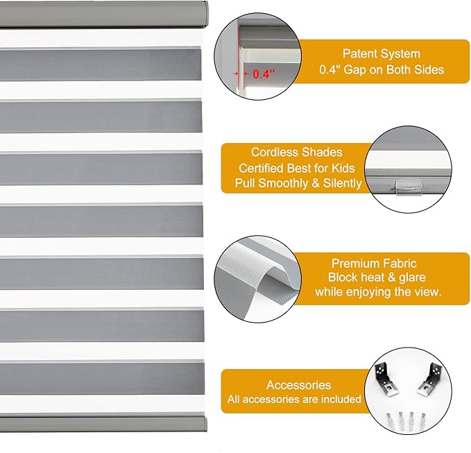 Persilux Cordless Zebra Blinds for Indoor Windows, Free-Stop Zebra Blinds Cordless, Light Filtering Sheer Shades Dual Layer for Day and Night, Zebra Roller Shades for Home (34.25" W X 47" H, Grey)