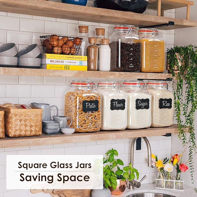 [UPGRADE] 2 Pack Square Super Wide Mouth Airtight Glass Storage Jars with Lids, 1.1 Gallon Glass Container with 2 Measurement Marks, Canning Jars with Leak-proof Lid for Kitchen (Spare Gasket)