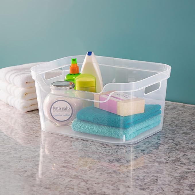 Sterilite 7 x 11 x 14.25 Inch Polished Open Scoop Front Storage Bin with Comfortable Carry Through Handles for Household Organization, Clear (24 Pack)