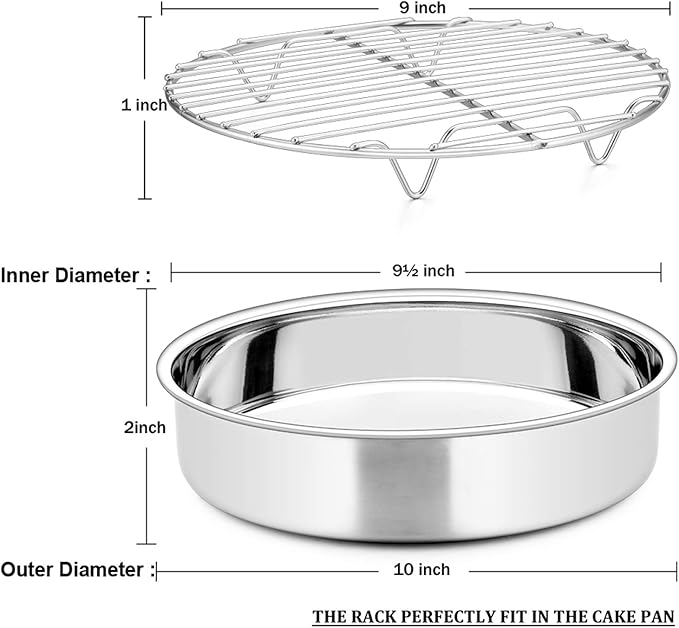 E-far Round Cake Pan with Rack Set, 9½-inch Stainless Steel Cake Pans and Baking Cooling Racks, Non Toxic & Healthy, Mirror Polished & Dishwasher Safe - 4 Pieces (2 Pans + 2 Racks)