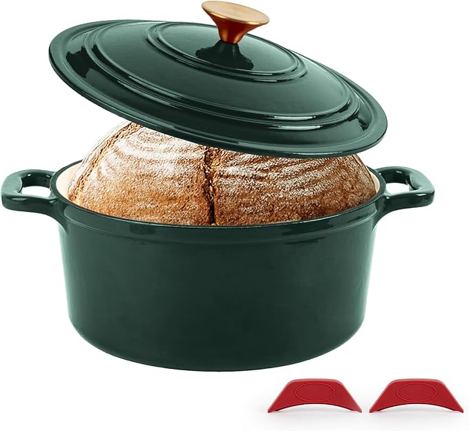 Enamel Cast Iron Dutch Oven with Lid, Round Casserole Pot for Bread Baking, Braising, Roasting, and Stews, Heavy-Duty, Oven Safe, Induction Compatible (4.7QT,Green)