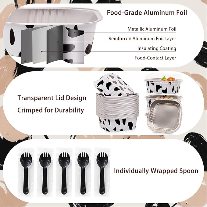 FORBFAN 150 Pcs Mini Square Baking Cups with Lids, 10 oz Mini Aluminum Cake Pans with Spoons, Small Baking Tins Cow Print